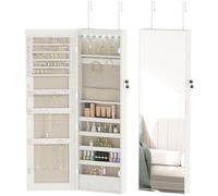 HOMCOM Espejo Joyero con 6 Luces LED, Armario Joyero Montado en la Pared o en la Puerta, Armario para Joyas con Cerradura, Espejo Entero sin Marco, Blanco