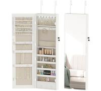 HOMCOM Espejo Joyero de Pared o Puerta con 6 Luces LED, Blanco | Armario para Joyas con Cerradura, Espejo Entero sin Marco