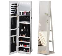 HOMCOM Espejo Joyero de Pie Armario Joyero con Luces LED y Cerradura Armario de Joyas con Espejo Integrada para Dormitorio Blanco con Veta de Madera y Forro Negro White