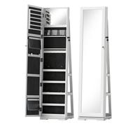 HOMCOM Espejo Joyero de Pie, Armario para Joyas Giratorio 360°, Armario Joyero con Cerradura, Llaves, Estantes Posteriores y Espejo Pequeño Incorporado, Blanco Veteado y Forro Negro