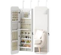 HOMCOM Espejo Joyero con Luz LED, Armario Joyero Montado en la Pared o en la Puerta, Armario para Joyas con Cerradura, Espejo Entero sin Marco, 2 Cajones, para Regalo, 37x10x120 cm, Blanco