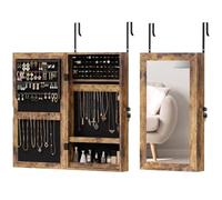 HOMCOM Espejo Joyero Pared con Cerradura Montar Pared Puerta Marrón Rústico | Armario para Joyas, Varios Compartimentos, para Pendiente Collar Anillo Pulsera, Regalo, Forro Negro