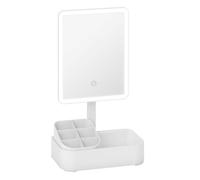 Homcom espejo maquillaje con luz led, espejo tocador recargable con 2 modos de iluminación, rotación de 180°, brillo ajustable, compartimentos, interruptor táctil, para cuidado de piel, blanco