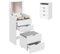 HOMCOM Estación de Maquillaje 3 en 1 con Espejo Plegable, Taburete de tocador, estación de Maquillaje con Taburete Acolchado con Ruedas, 3 cajones, Tapa de Cristal Transparente, Almacenamiento,
