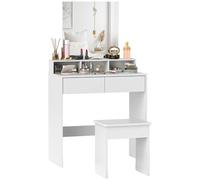 HOMCOM Estación de Maquillaje con Taburete y Espejo 75x38x135cm Blanco | Tocador de maquillaje con 3 estantes, 2 cajones, tocador de madera moderno, para dormitorio