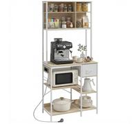 HOMCOM Estantería de Cocina con Enchufes y Puertos USB 80x40x181 cm Roble | Mueble Auxiliar de Cocina, Soporte de Microondas, 8 Estantes, 6 Ganchos, Cajón de Tela, para Espacios Reducidos
