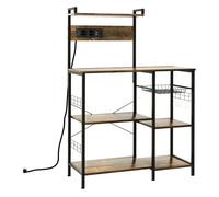 Homcom estantería de cocina industrial estante de cocina con toma de corriente 2 puertos usb estantes ajustables ganchos y cesta metálica 90x42x130 cm marrón rústico