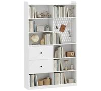 HOMCOM Estantería de Libros Alta Estrecha Panel Magnético Perforado Blanco | Librería de 6 Niveles, 2 Cajones, 8 Compartimentos Abiertos, Armario para Salón, Estudio, Oficina, 120x30x200 cm