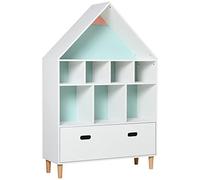 HOMCOM Estantería de Madera Infantil Forma de Casa Librería para Niños con 8 Compartimentos Abiertos y Cajón de 2 Colores 82x30x126 cm Blanco