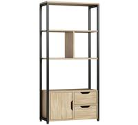 HOMCOM Estantería estilo industrial 3 estantes puerta de armario 2 cajones 58 x 24 x 122 cm efecto madera natural acero negro Aosom España