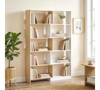 HOMCOM Estantería Expandible 5 Niveles, Librería para Libros Giratoria 350°, Ancho Ajustable, Convertible en en L, Recta o Compacta para Salón, Dormitorio, Estudio 111,5x23,8x163,7 cm Natural y Blanco