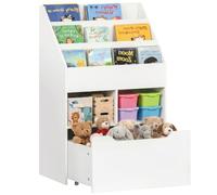 HomCom Estantería infantil de madera con 3 compartimentos, 2 cubos y cajón - Blanco 60x29,9x90 cm