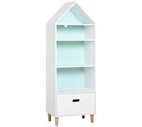 HOMCOM Estantería Infantil Librería de Madera para Niños para Libros Juguetes DVDs con 4 Estantes 1 Cajón Tablero de 2 Colores Diseño Compacto 50x30x142 cm Blanco