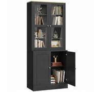 HOMCOM Estantería Moderna Puertas Cristal, Estante Libros Negro | Armario expositor, estantes ajustables, sala de estar, estudio, oficina hogar, armario cocina, mostrador abierto