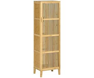 HOMCOM Estantería Organizadora, Mueble de almacenamiento de bambú, armario de almacenamiento con 4 niveles y puerta de diseño de láminas para cuarto de baño, dormitorio, salón, 40 x 30 x 140 cm