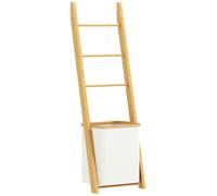 HOMCOM Estantería para Baño de Bambú Toallero de Pie con 3 Barras Cesto para Ropa Sucia Extraíble de 48 L Crema