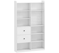 HOMCOM Estantería para Libros Alta y Estrecha con Panel Perforado 2 Cajones 8 Compartimentos Abiertos 120x30x200 cm Blanco