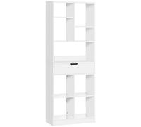 HOMCOM Estantería para Libros Librería con Cajón y 9 Compartimientos de Almacenamiento Librería Estantería para Salón Oficina Estudio 60x26x158 cm Blanco