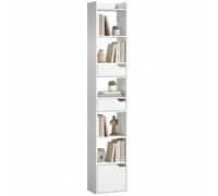 HOMCOM Estantería para Libros con 2 Cajones y Puerta, Librería Estrecha con 6 Estantes Abiertos, Armario Alto para Salón, Estudio, Oficina, 32x24x181,5 cm, Blanco BLANCO