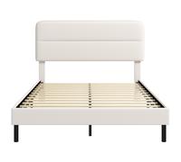HOMCOM Estructura de cama 140 x 200 cm con cabecero ajustable, cama tapizada en tejido tipo lino con 12 listones de contrachapado, beige