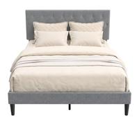 HOMCOM Estructura de Cama de Matrimonio tapizada de Lino, Gris | Cabecero acolchado capitoné, relleno de espuma, 10 lamas, patas de acero, no requiere somier