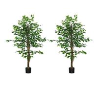 Homcom pack 2 ficus artificiales con troncos naturales 150 cm plantas artificiales con maceta y 882 hojas árboles artificiales decoración para hogar salón oficina verde 150 cm