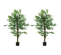 Homcom pack 2 ficus artificiales con troncos naturales 150 cm plantas artificiales con maceta y 882 hojas árboles artificiales decoración para hogar salón oficina verde 150 cm