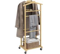 HOMCOM Galán de Noche de Bambú, Perchero con Ruedas, Colgadores de Ropa, Barras para Pantalones, Bandeja y Zapatero, Perchero Burro para Dormitorio, Pasillo, 47x33,7x105,5 cm, Natural