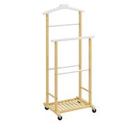 HOMCOM Galán de Noche de Bambú, Perchero con Ruedas, Colgadores de Ropa, Barras para Pantalones y Zapatero, Perchero Burro para Dormitorio, Pasillo, 47x33,7x105,5 cm, Natural y Blanco
