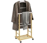 HOMCOM Galán de Noche de Bambú Ruedas 47x33,7x105,5 cm Natural y Blanco | Colgadores de Ropa, Barras para Pantalones, Zapatero, Perchero Burro, Dormitorio, Pasillo