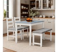 HOMCOM Juego de Comedor, Mesa de Comedor con 2 Sillas Acolchadas, Banco, Juego de Mesa de Comedor de 4 Piezas, Grupo de Comedor con Aspecto de Lino para Cocina, Salón, Madera de Pino, Gris, Blanco Gra