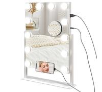 HOMCOM Hollywood Espejo de Maquillaje con Luz Espejo de Tocador Giratorio 30x40 cm con Bombillas LED Modos de Iluminación Ajustables Interruptor Táctil Soporte para Teléfono y Puerto USB Blanco