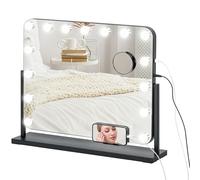 HOMCOM Hollywood Espejo de Maquillaje con Luz Espejo de Tocador Giratorio 58x46 cm con Bombillas LED Modos de Iluminación Ajustables Interruptor Táctil Soporte para Teléfono y Puerto USB Negro
