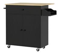 HOMCOM Isla de Cocina con Ala Abatible 2 Puertas Cajón Especiero Toallero y Estante Ajustable 106x42x87 cm Negro y Roble