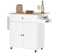 HOMCOM Isla de Cocina con ala Abatible Carrito de Cocina Mueble Auxiliar de Cocina con Ruedas 2 Puertas Cajón Especiero Toallero y Estante Ajustable 106x42x87 cm Blanco y Roble