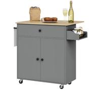 HOMCOM Isla de Cocina con ala Abatible Carrito de Cocina Mueble Auxiliar de Cocina con Ruedas 2 Puertas Cajón Especiero Toallero y Estante Ajustable 106x42x87 cm Gris y Roble