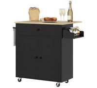 HomCom Isla de cocina con ala abatible, ruedas, 2 puertas, cajón, 106x42x87 cm Negro y Roble