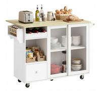 HOMCOM Isla de Cocina con Encimera Abatible, Carrito de Cocina con Puertas Correderas de Vidrio, Botellero, Ruedas, Cajón, Especiero y Estante Ajustable, Blanco y Roble White 132.2 x 74.7 x 90 cm