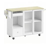 HOMCOM Isla de Cocina con Encimera Abatible, Carrito de Cocina con Puertas Correderas de Vidrio, Botellero, Ruedas, Cajón, Especiero y Estante Ajustable, Blanco y Roble White 132.2 x 74.7 x 90 cm