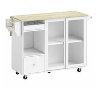 HOMCOM Isla de Cocina con Encimera Abatible Ruedas Puertas Correderas de Vidrio Botellero Cajón Especiero Estante Ajustable