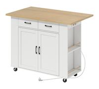 HOMCOM Isla de Cocina con Estación de Carga, Carrito de Cocina con Ruedas y Encimera Abatible, 2 Cajones, Blanco Aosom España
