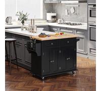 HomCom Isla cocina con ruedas 2 cajones 4 puertas especiero encimera madera Negro 111x44,5x82,5 cm