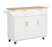 HomCom Isla de cocina con ruedas 2 cajones 3 puertas barra lateral Roble y Blanco 121x46x91 cm