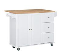 HOMCOM Isla de Cocina con Ruedas Carrito de Servicio con Encimera Extensible Cajones Barra y Especiero 128,8x75,5x92,5 cm Blanco Aosom España