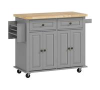 Homcom isla de cocina con ruedas carro de cocina con 2 cajones 4 puertas especiero encimera de madera estante ajustable y barra lateral para comedor 111x44,5x82,5 cm gris