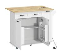 Homcom isla de cocina con ruedas carro de cocina con toma de corriente usb tablero plegable 2 cajones 2 puertas estante ajustable especiero y toallero 112x74x94,5 cm blanco
