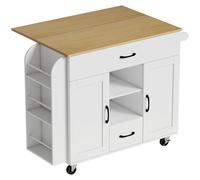 HOMCOM Isla de cocina con ruedas, encimera abatible, puertas de armario con cierre suave, cajones, toallero, MDF, Blanco
