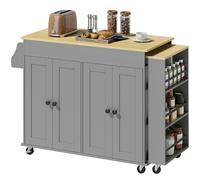Homcom isla de cocina con ruedas, encimera extensible, carro de cocina con 4 puertas, estantes ajustables, estantería lateral abierta, especiero y soporte para toallas, para comedor, gris