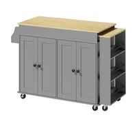 Homcom isla de cocina con ruedas, encimera extensible, carro de cocina con 4 puertas, estantes ajustables, estantería lateral abierta, especiero y soporte para toallas, para comedor, gris