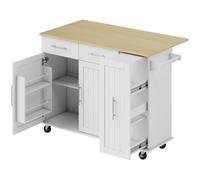 HOMCOM Isla de Cocina con Ruedas Encimera Plegable 2 Puertas con Cierre Suave Bandeja Extraíble 2 Cajones Blanco